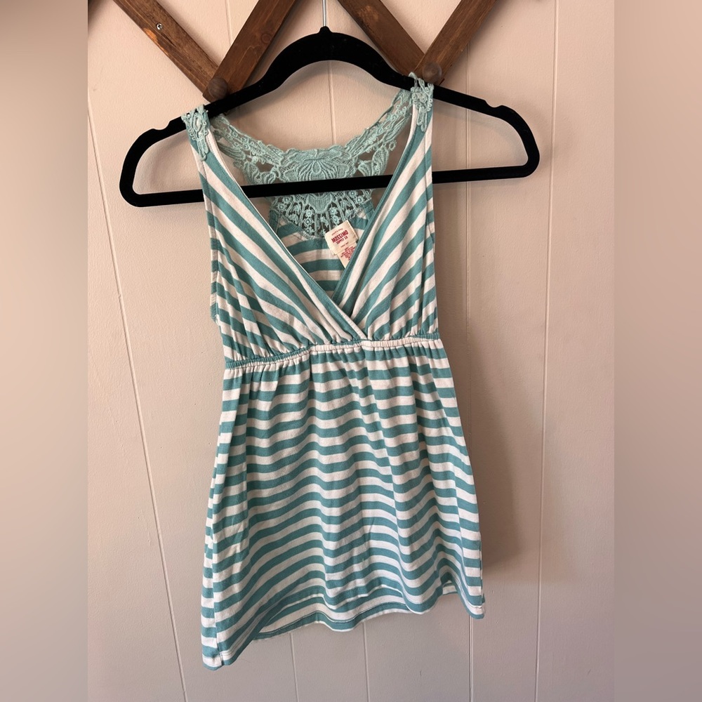 Mossimo supply co; teal striped surplice tank; crochet back detail; knit